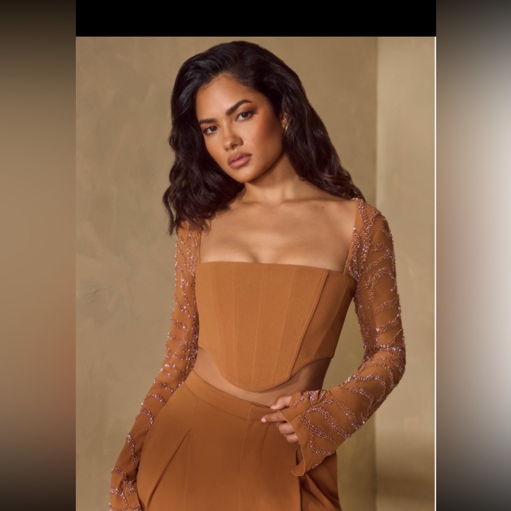 Oh Polly Embellished Sleeve Corset Crop Top in Caramel
